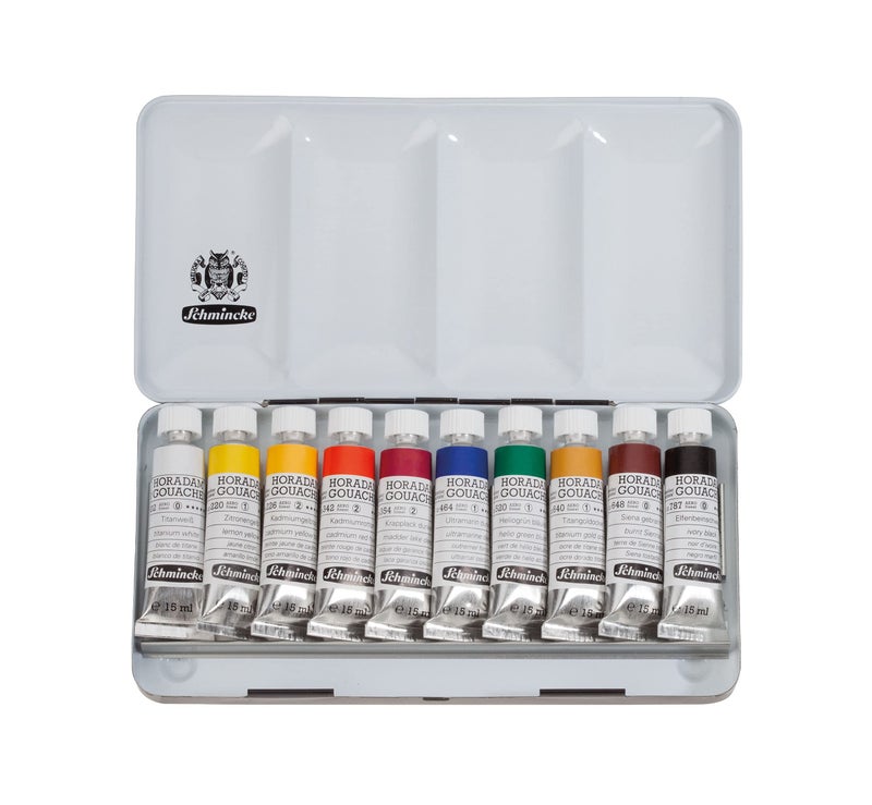 Schmincke - HORADAMÂ® Gouache, 10 x 0,51 fl oz / 15 ml tubes, 72 701 097, 10 finest gouache colors in a metal box, highest concentration of pigments - Image 1